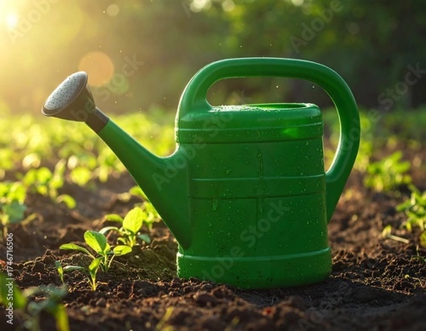 Fototapeta Watering can in a garden at sunrise