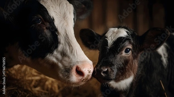 Fototapeta A mother cow and her calf touch noses tenderly in the soft light of a rustic barn showcasing a bond of natural affection