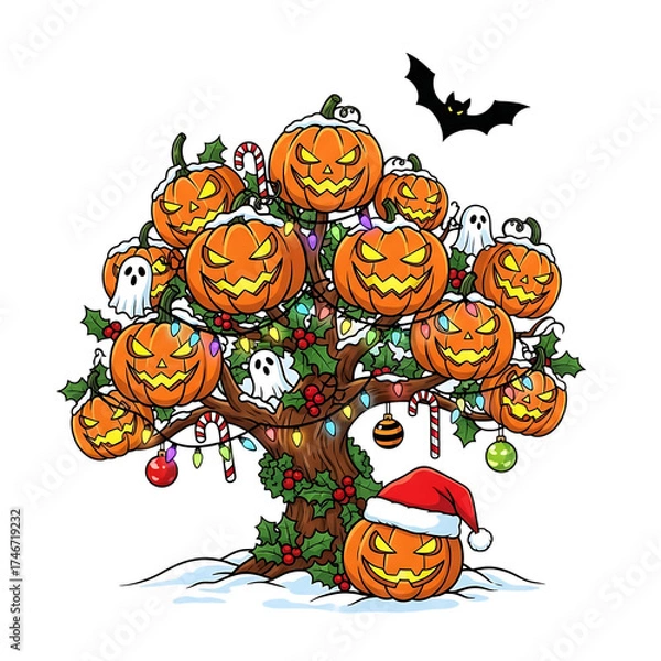 Fototapeta Whimsical halloween christmas tree with jack-o'-lanterns and ghosts festive decoration