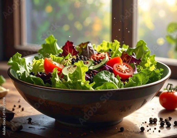 Fototapeta Delicious and Healthy Salad Bowl, Fresh Ingredients, and Nutritious Meal