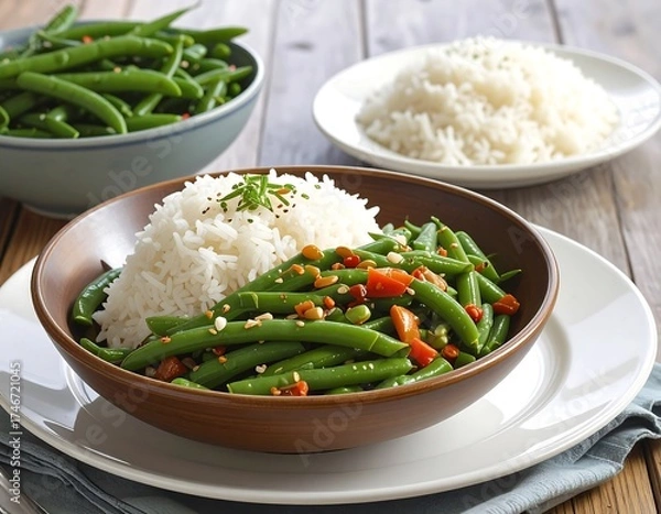Fototapeta Delicious and Healthy Meal: Rice with Green Beans, Tomatoes, and Herbs