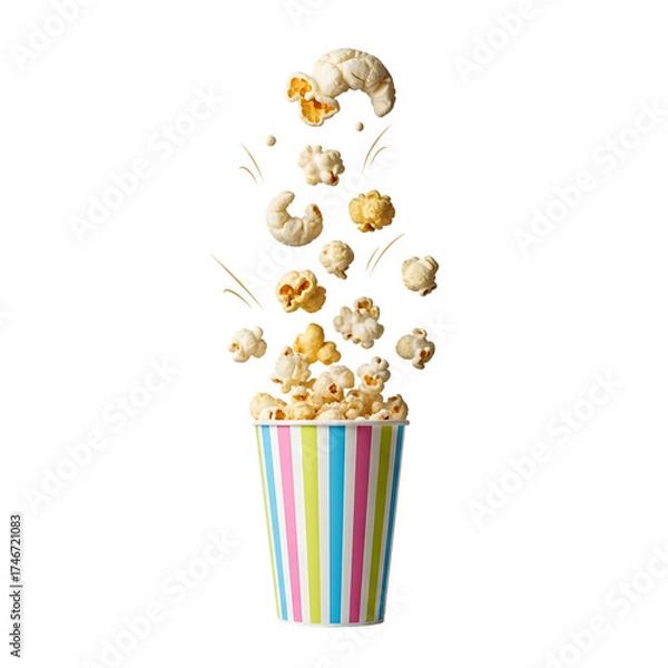 Fototapeta Exploding popcorn fun bursting out of a colorful striped bucket movie night snack