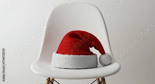 Obraz Red santa claus hat on white chair against plain backdrop