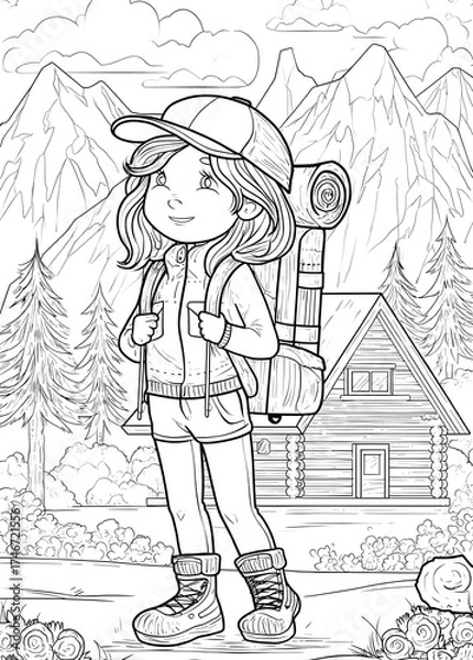 Fototapeta Girl hiking in the mountains with a backpack coloring page.