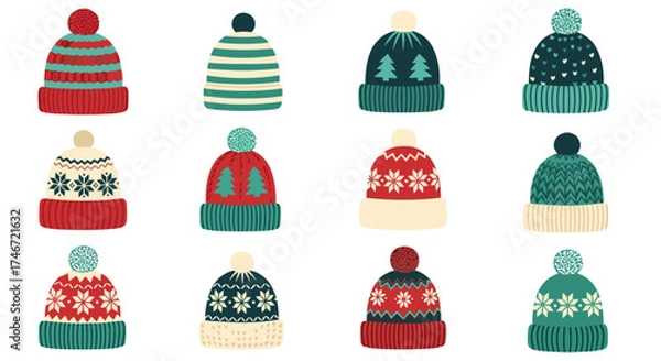Obraz A charming collection of twelve festive knitted winter hats with colorful pom poms and patterns.