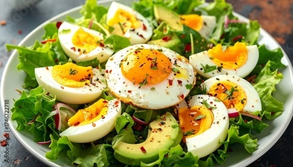 Fototapeta Delicious and Healthy Salad with Eggs and Avocado: A Gourmet Meal