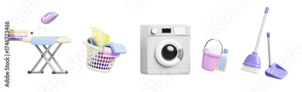 Obraz Laundry room set with washer, dirty clothes in basket, iron board, clean fold linen stack. Render equipment for house cleaning, detergent bottle, bucket of soap foam, scoop and brush