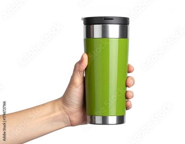 Obraz Realistic green tumbler mockup with stainless rim in hand, blank space for logo or artwork, isolated white background.