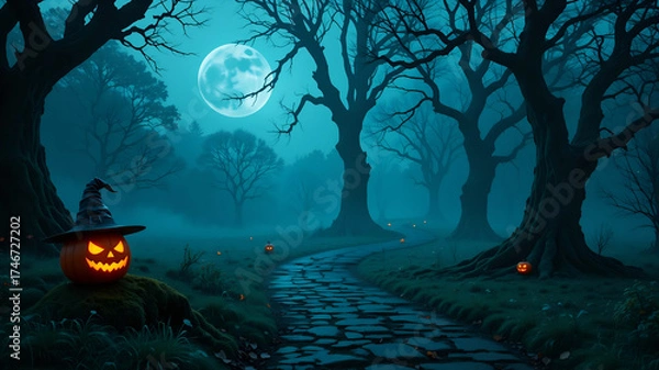Fototapeta Spooky Halloween Night Scene with an Evil Jack-O'-Lantern Wearing a Witch Hat on a Stone Path in a Dark Forest Under a Full Moon for Holiday Event Poster and Background