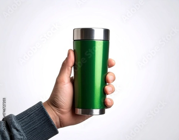Fototapeta Hand holding green travel mug with steel rim, modern mockup template for branding or logo design, white background.
