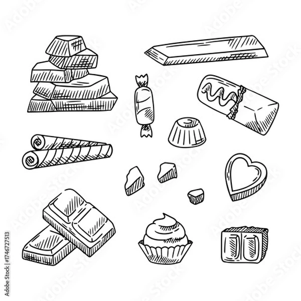 Fototapeta Sketch of sweets and chocolate, set of desserts, cupcakes, bars. Vector illustration.