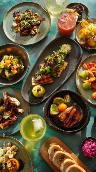 Fototapeta Deliciously arranged dishes featuring vibrant colors and textures, perfect for culinary lovers looking to enhance their food photography collection with stunning visuals.