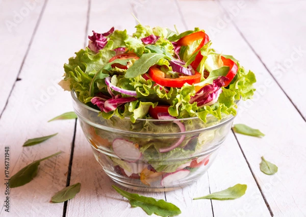 Obraz Salad of lettuce and fresh vegetables ready to eat, healthy food