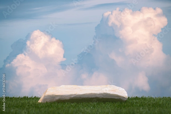 Fototapeta Surreal stone podium with green grass pink white clouds on blue sky nature forest background.Product present natural placement pedestal minimal display,paradise dreamy concept.