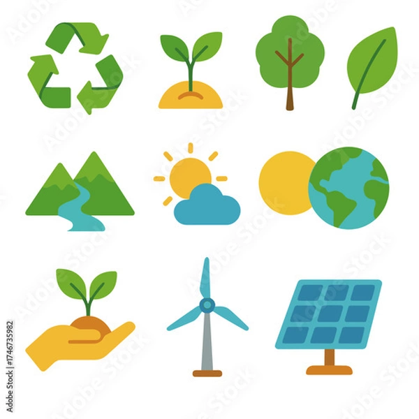 Fototapeta Eco Icons Collection. Eco support circle flat icon set. recycling arrows, sprout, leaf, tree, mountain, river, sun, cloud, globe, hand with plant, wind turbine, solar panel.