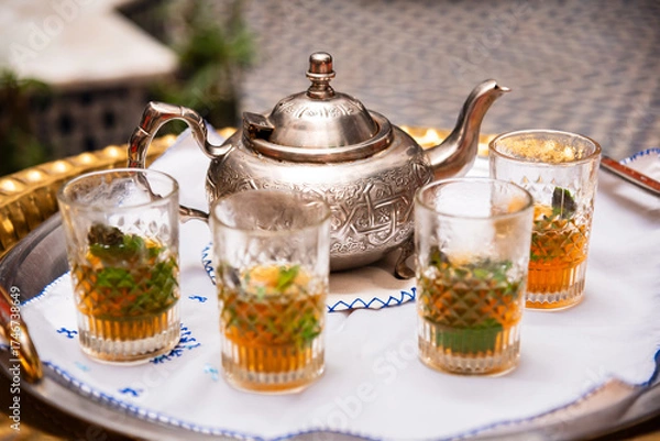 Obraz Traditional mint tea in Morocco served in teapot