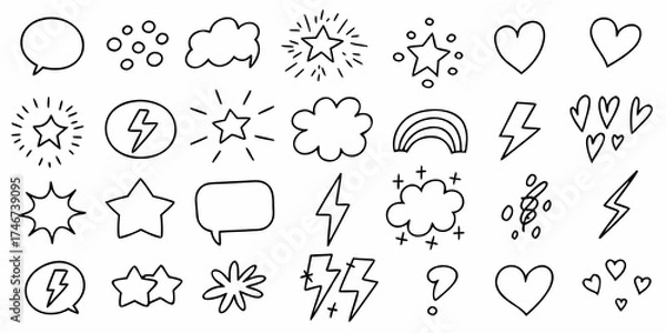 Fototapeta Collection of hand drawn doodle icons including stars hearts clouds lightning bolts speech bubbles and rainbows
