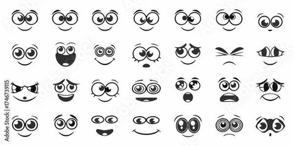 Fototapeta Collection of cartoon eyes and mouths expressing various emotions and feelings in black and white