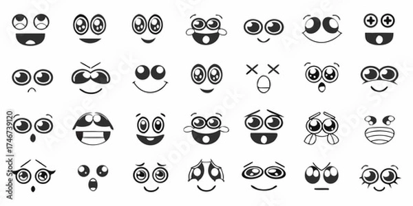 Fototapeta Collection of diverse cartoon face expressions and emotions in black and white vector art
