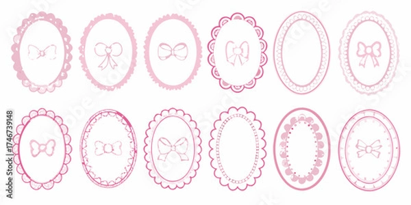 Fototapeta Collection of pink oval frames with decorative scalloped edges and bow embellishments
