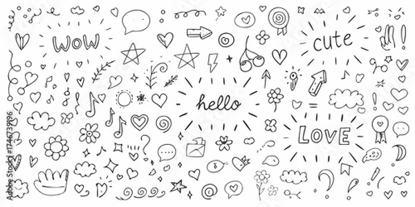 Fototapeta Collection of hand drawn doodle elements including hearts stars clouds flowers and text like hello love and cute