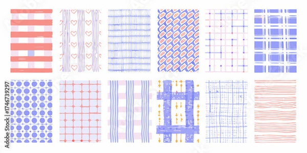 Fototapeta Collection of hand drawn seamless patterns with geometric shapes and stripes in pastel colors
