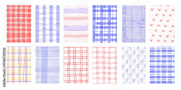 Fototapeta Collection of hand drawn pastel plaid and heart patterns for textile and design backgrounds