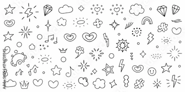 Fototapeta Collection of hand drawn doodle elements stars hearts clouds rainbow lightning bolts music notes and sparkles