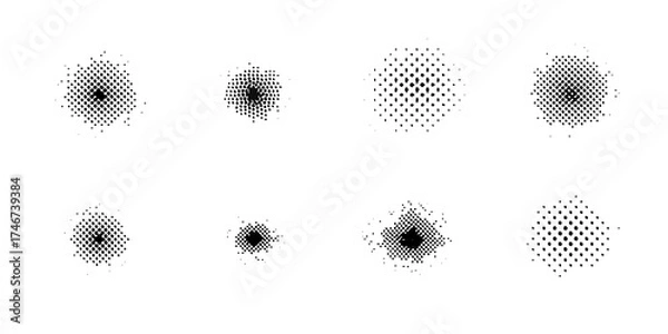 Fototapeta Collection of eight abstract black and white halftone dot patterns and textures on a white background