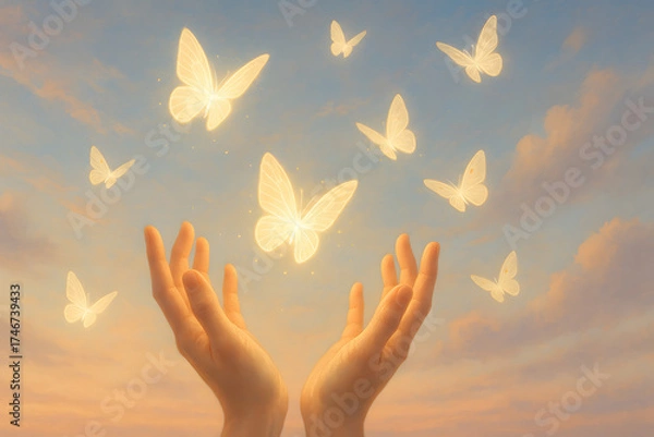 Fototapeta Glowing butterflies flying above open human hands at sunset sky, symbol of hope, freedom, transformation, and spirituality, horizontal photo