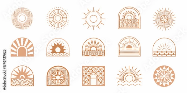 Fototapeta Collection of boho sun and arch designs with ocean waves and geometric patterns