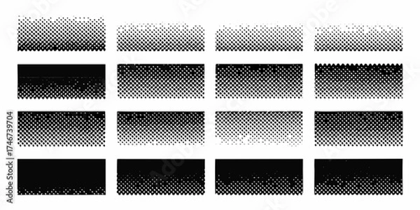Fototapeta Collection of halftone dot patterns transitioning from solid black to white and transparent backgrounds
