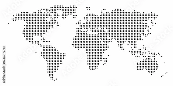 Fototapeta Abstract world map composed of black dots on a white background representing global connections and data points