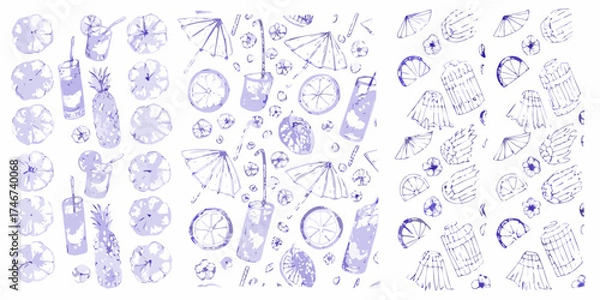 Fototapeta Hand drawn purple watercolor summer drinks and fruits pattern with pineapple and citrus slices