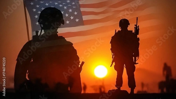Fototapeta Soldiers stand in front of a sunset with a waving American flag, symbolizing patriotism and sacrifice during military service