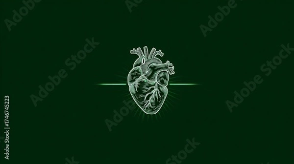 Fototapeta Detailed illustration of a human heart depicted in a green backdrop, showcasing the intricate anatomy and structure in a stylized manner for educational purposes