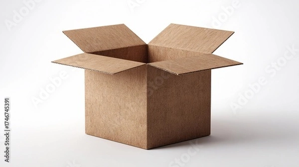 Fototapeta Open cardboard box resting on a plain white background, inviting curiosity about its potential contents and use in various creative or practical applications