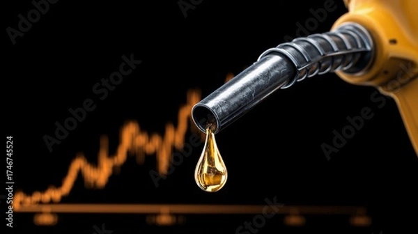 Fototapeta Oil pump nozzle dripping fuel in front of a rising graph indicating increasing prices during a fluctuating market