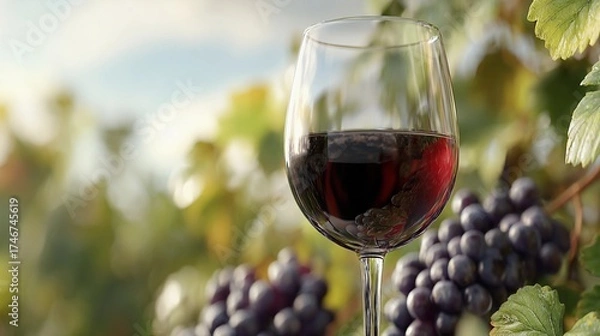 Fototapeta Red wine glass placed elegantly near a vine with ripe grapes in a vineyard under a bright sky during harvest season