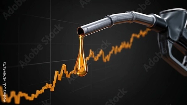 Fototapeta Oil prices rise as fuel is dispensed from a nozzle against a backdrop of a fluctuating market graph representing trends in energy costs