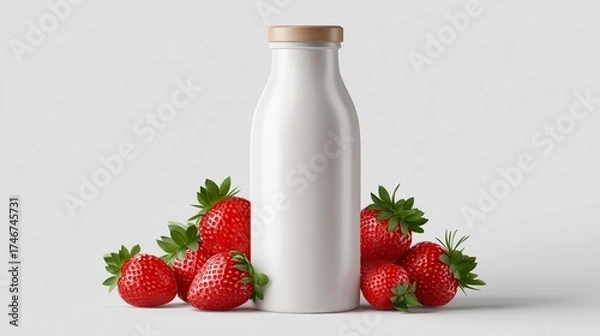 Fototapeta Fresh strawberries arranged around a glass bottle filled with milk on a clean, light background