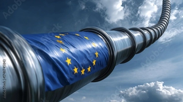 Fototapeta Long pipeline with European Union flag flowing into the sky amidst dynamic clouds over a clear blue background