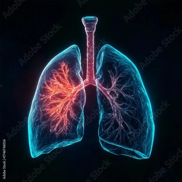 Fototapeta Visual representation of human lungs showing respiratory pathways and their structures in vibrant colors and intricate detail on a dark background