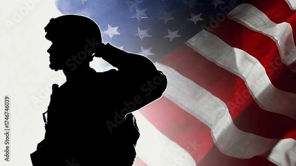 Fototapeta Silhouette of a soldier saluting in front of the American flag during a ceremony honoring veterans