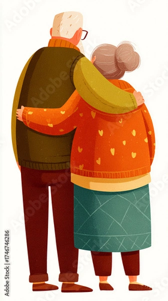 Fototapeta Elderly couple sharing a warm embrace while standing side by side in a cozy setting during a peaceful afternoon