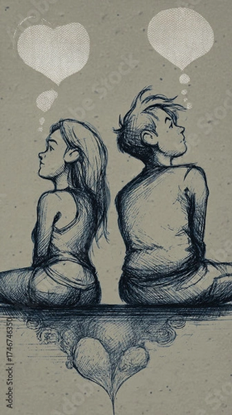 Fototapeta Two people sitting back to back, lost in thought, surrounded by hearts and clouds, illustrating deep emotions and connection in a creative sketch style