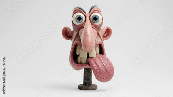 Fototapeta Unique character bust with exaggerated features, wide eyes, and a long tongue, displayed against a neutral background for artistic effect