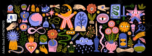 Fototapeta Magic and Pop Art. Esotericism and witchcraft. Mystical hand drawn illustration with magical objects, stars, moon, cats, character, potions, and symbols for witchy art print, tarot card, and fantasy