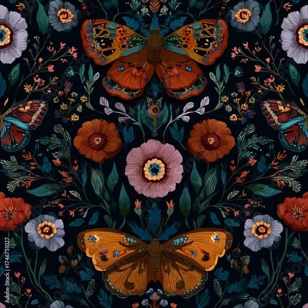 Fototapeta Vibrant floral and butterfly pattern showcasing intricate details and rich colors ideal for fabric design or wallpaper decoration