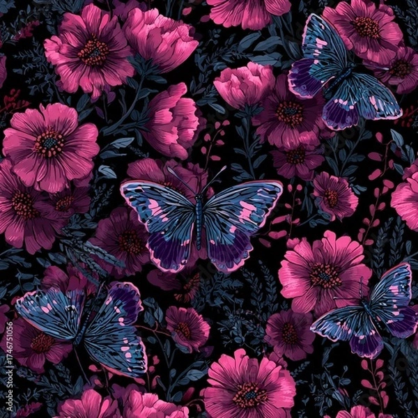 Fototapeta Colorful butterflies and vibrant flowers create a striking pattern in a dark background featuring shades of pink, purple, and blue in a lively, nature-inspired design